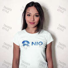 Load image into Gallery viewer, A girl wearing Nio T-shirt and smiling