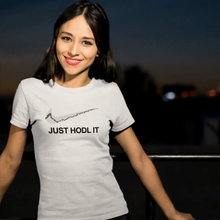 Load image into Gallery viewer, girl smiling and wearing Just hodl it shirt