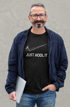 Load image into Gallery viewer, man with glasses and moustache wearing just hodl it t-shirt in black
