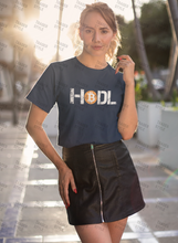 Load image into Gallery viewer, Woman wearing Hodl Bitcoin Distressed T-shirt fit
