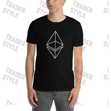 Load image into Gallery viewer, Ethereum outline logo black t-shirt side view

