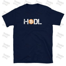Load image into Gallery viewer, Hodl Bitcoin distressed navy tee back view
