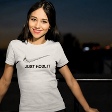 Load image into Gallery viewer, girl smiling and wearing Just hodl it shirt
