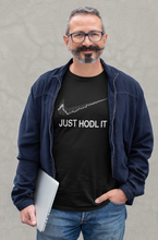 Load image into Gallery viewer, man with glasses and moustache wearing just hodl it t-shirt in black
