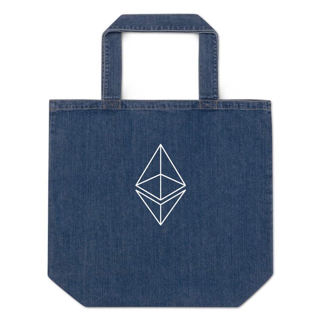Ethereum outline organic denim tote bag